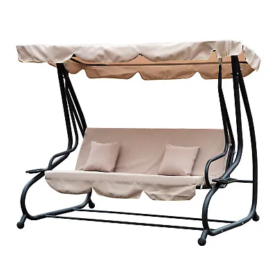 Outsunny 2-in-1 Garden Swing Chair For 3 Person W/ Adjustable Canopy Light Brown • £169.99