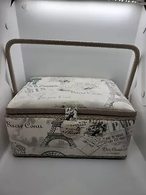 PARIS Print Wood Portable Double Layer Sewing Basket Thread Needle Storage Box  • $42.19