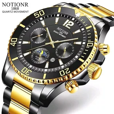 Men's Luxury Business Watch With Stainless Steel Strap Black And Gold Quartz UK • £11.79