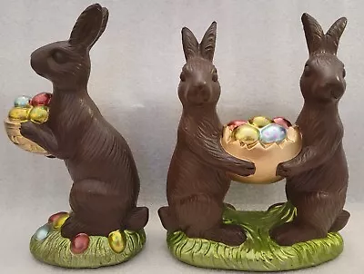 $54.99 • Buy 2 Pc Lot Easter Faux Chocolate Bunny Rabbit Holding Basket Eggs Figures Standing