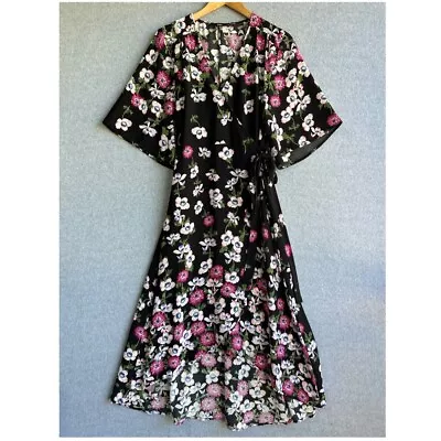 Sportsgirl Dress Womens Sz 12 Black Pink Floral Wrap Maxi Relaxed Fit Boho • $39.99