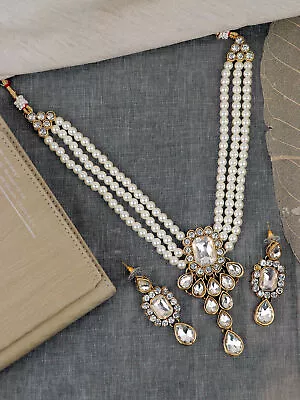 Jewelry Set Kundan White Indian Bolywood GoldPlated Bridal Pearl Choker Necklace • $14.99