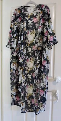 Ladies Long Waterfall Kimono Wrap Navy Blue Floral Beach Festival Size 16 - 20 • $19.99