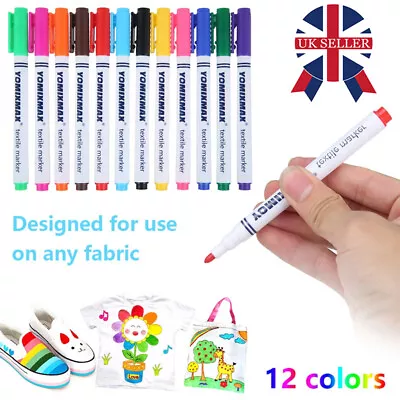 12x Fabric Marker Pens Set. Permanent On Clothing Textiles Dye T-Shirt Shoes Etc • £4.99