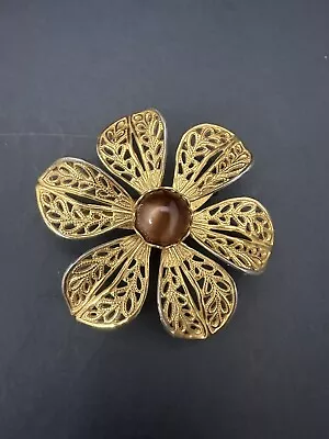 Gold Tone Filigree Flower With Brown MoonStone Brooch Fall Autumn • $7.20