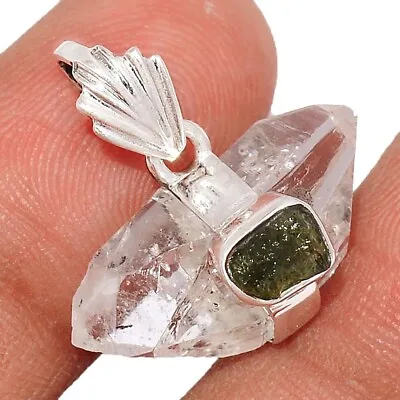 Natural Big Herkimer Diamond With Moldavite Gemstone 925 Sterling Silver Pendant • $25.20