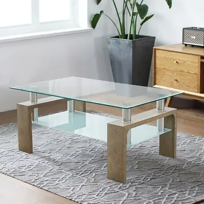 2 Tier Glass Coffee Table  Rectangle Living Room Modern Wood Legs 100*60*44 Cm • $85.49