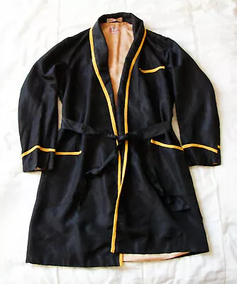 Men's 1940s Bonnington Long Black Satin Smoking Lounge Robe W/ Gold Trim Small • $253.89