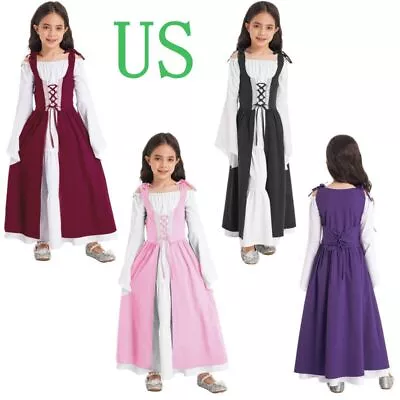 US Kid Girls Medieval Princess Renaissance Dress Gown Halloween Cosplay Costume • $12.73