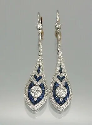 Vintage Art Deco Style Sapphire & Diamond Drop Dangle Milgrain Silver Earrings • $73.50