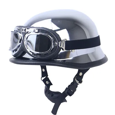 DOT German Motorcycle Half Helmet Skull Cap W/Goggles Chrome Silver Scooter XXL • $52.88