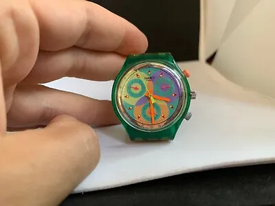 $125 • Buy 1992 Green & Yellow Rainbow Swiss Made Swatch SCL102 Sound Chronograph 90s