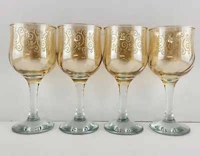 Set 4 Etched Wine Glasses Cristelleria Fratelli Fumo Iridescent Amber 8oz Italy • $30