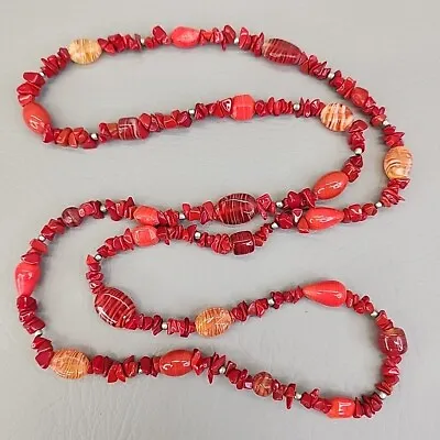 Glass Beaded Necklace Vtg Red Chip Orange Striped Wavy Beads 40  Flapper • $28