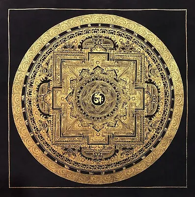 Om Black And Gold Round Mandala Thangka Handmade Sacred Thangka Painting • $123.75