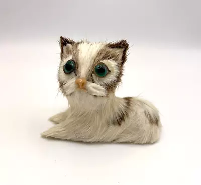 Vintage Realistic Rabbit Fur Cat Figurine Green Glass Eyes • $16