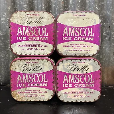 4 X VINTAGE 1960s AMSCOL VANILLA ICE CREAM TINS HALF GALLON ADELAIDE MILK CO-OP • $51.80