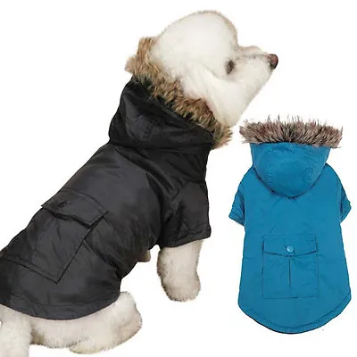 Dog Fur Trimmed Parka Coat Jacket Hood Hooded  Blue Black Pet Winter XXS-XL • $20.99