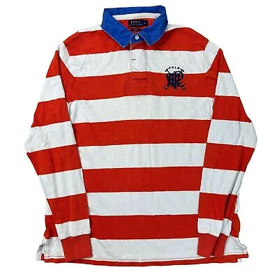 Polo Ralph Lauren Rugby Shirt Striped Custom Fit Long Sleeve Orange Mens XL • £39.99