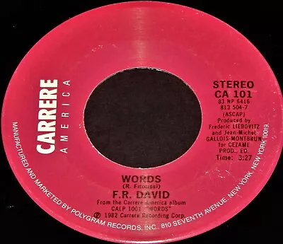 Vintage Record F.R. DAVID: WORDS & ROCKER BLUES 45 Rpm 1982 Synth Pop Rock • $15