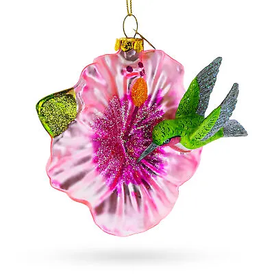 Vibrant Hummingbird With Hibiscus - Blown Glass Christmas Ornament • £13.99