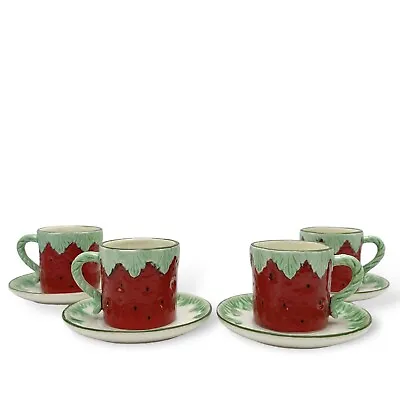 Vintage Set Of 4 Strawberry Majolica Style Espresso Demitasse Cups & Saucers • $40.49