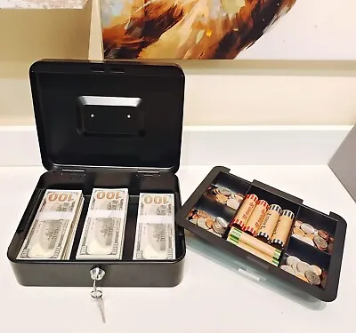 Cash Box With Money Tray And Lock Metal Money Box For Cash Lockbox 9.84 X 7.87 • $26.98