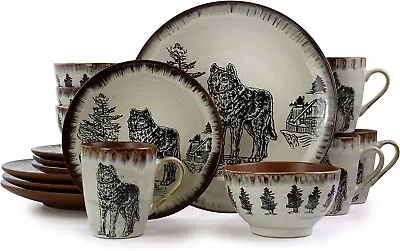 Stoneware Cabin Dinnerware Dish Set 16 Piece Wolf Design With Warm Taupe Brown • $90.99