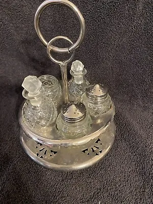 Vintage Silver Plated Rotating Condiment Tray Caddy With Set Of 5 Glass Cruets • $24.99