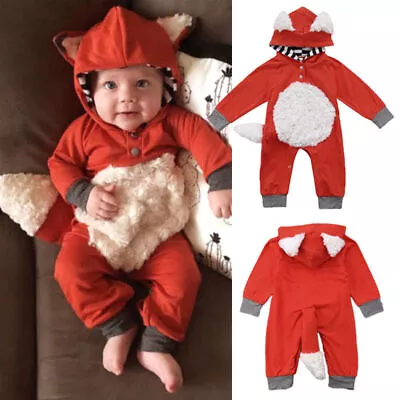Newborn Baby Boy Girls Fox Tiger Hooded Romper Jumpsuit Bodysuit Clothes Outfits • £11.78