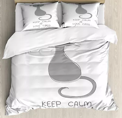 Keep Calm Duvet Cover Set Grey Cat Red Heart • £32.99