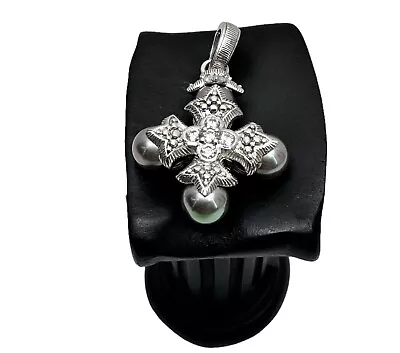 Judith Ripka Maltese Cross Gray Pearl Sterling Silver Enhancer Pendant Vintage • $89.99