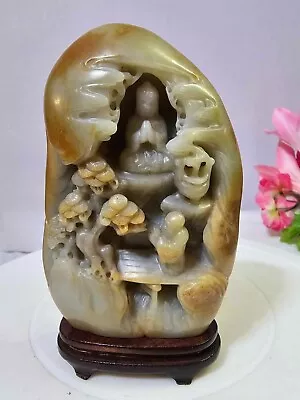 1940's Chinese Asian Carved Jade Buddha Boulder Village Pagoda Trees -457g- A5 • £1928.40