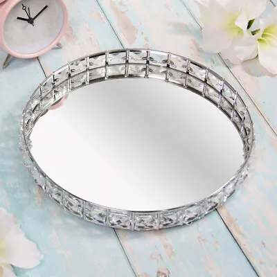 Silver Round Crystal Diamond Mirrored Decorative Tray Serving Tray • £12.30