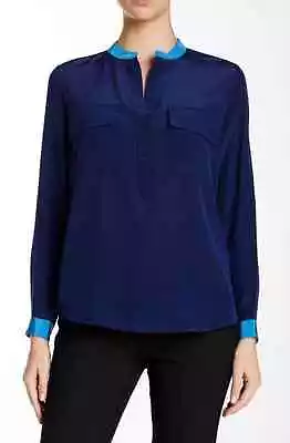 NWT Vince Contrast Trim Split Neck Silk Popover Blue Sz: 8  NEW $265 • $64.99