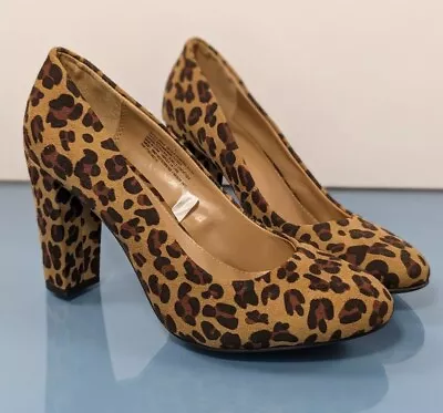 New Merona Womens 7.5 Brown Tan Leopard Print Block Heel Round Toe Pumps Shoes • $20