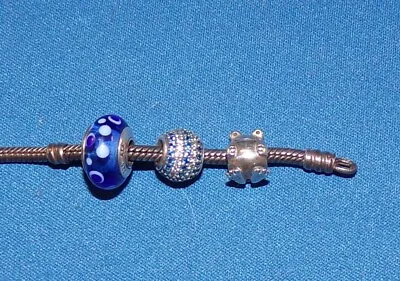 PANDORA SILVER  Pavé LIGHTS BLUE BLUE MURANO POLKA DOT &FROG BEAD CHARMS LOT • £57.83