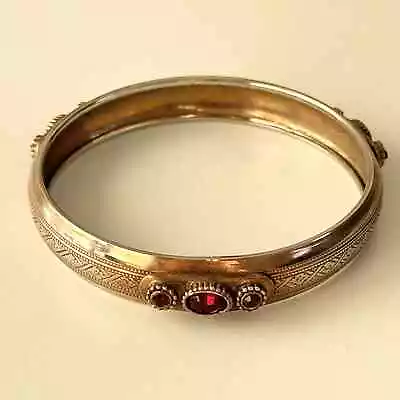 Vintage Victorian Revival Gold Tone Dark Red Crystal 3 Sided Bangle Bracelet 8  • $49.99