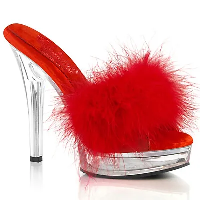 Sexy 5  Heel Womens Clear Platform Red Marabou Feather Slippers Mules Shoes • $48.95