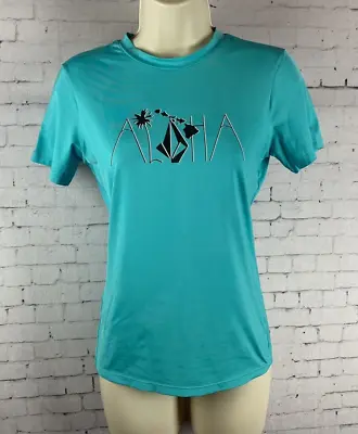 Volcom Rash Guard Medium Women's Blue Teal Aloha Short Sleeve Tee (A63) • $19.99