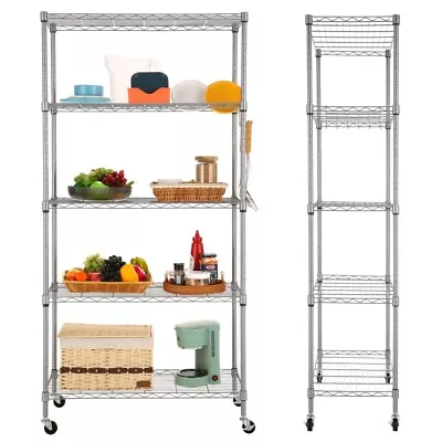 5Tier Metal Storage Rack On Wheels Shelving Wire Shelf Kitchen Office Stand Unit • £49.99