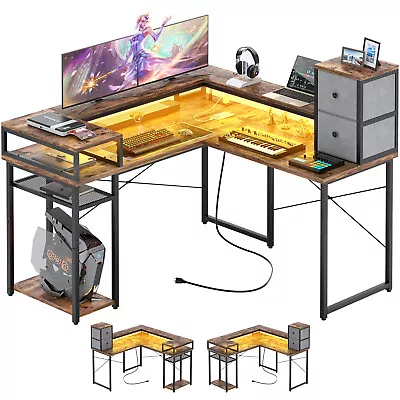 L Shaped Gaming Desk With LED Lights &Power Outlets Home Office Desk W/2 Drawers • $109.99