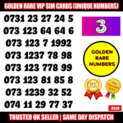 Gold Easy Mobile Number VIP SIM - Easy To Remember & Memorise Numbers LOT - B118 • £9.95