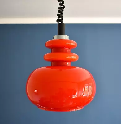 Space Age Opaline Glass Pendant Light / Mid Century Red Cased Glass Light / 70s • $220