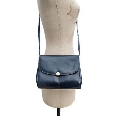 Launer Leather Bag Clutch Shoulder Box Navy Handbag London HM Queen Vintage  • £245