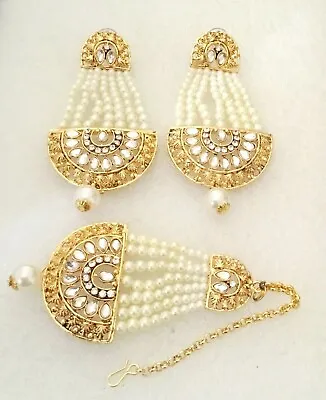 $12.71 • Buy Kundan Gold Pearl Padmavati Long Maang Tikka Earring Set Indian Bridal Jewelry