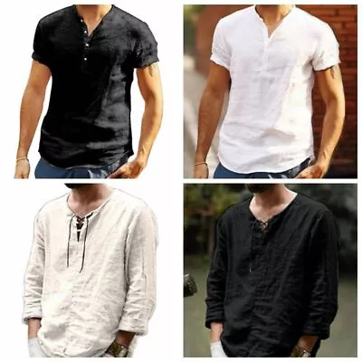T Shirt Men's Linen Short Long Sleeve T-Shirt Black Off White V Neck Button Down • $25.86