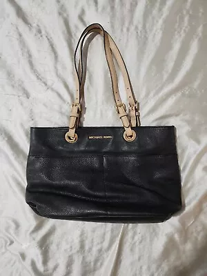 Michael Kors Black & Beige Genuine Leather Shoulder Bag Tote Purse Many Pockets • $45