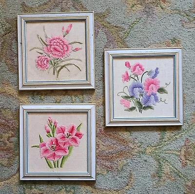 Vtg Elsa Williams Crewel Floral Hand Embroidered Artwork 70s Framed Set Of 3 • $45