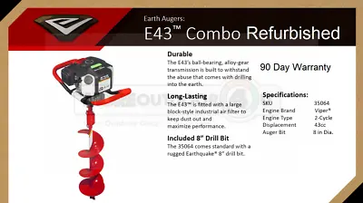 35064 Earthquake E43 Powerhead 1 Man Post Hole Digger & Auger 8  BOX DAMAGE • $209.99